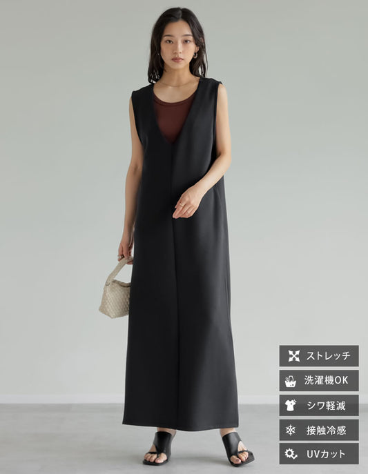 [低身長サイズ有][UVカット][接触冷感][シワになりにくい]マシュマロポンチVネックジャンパースカート ワンピース 人気レディースファッション通販 リエディ