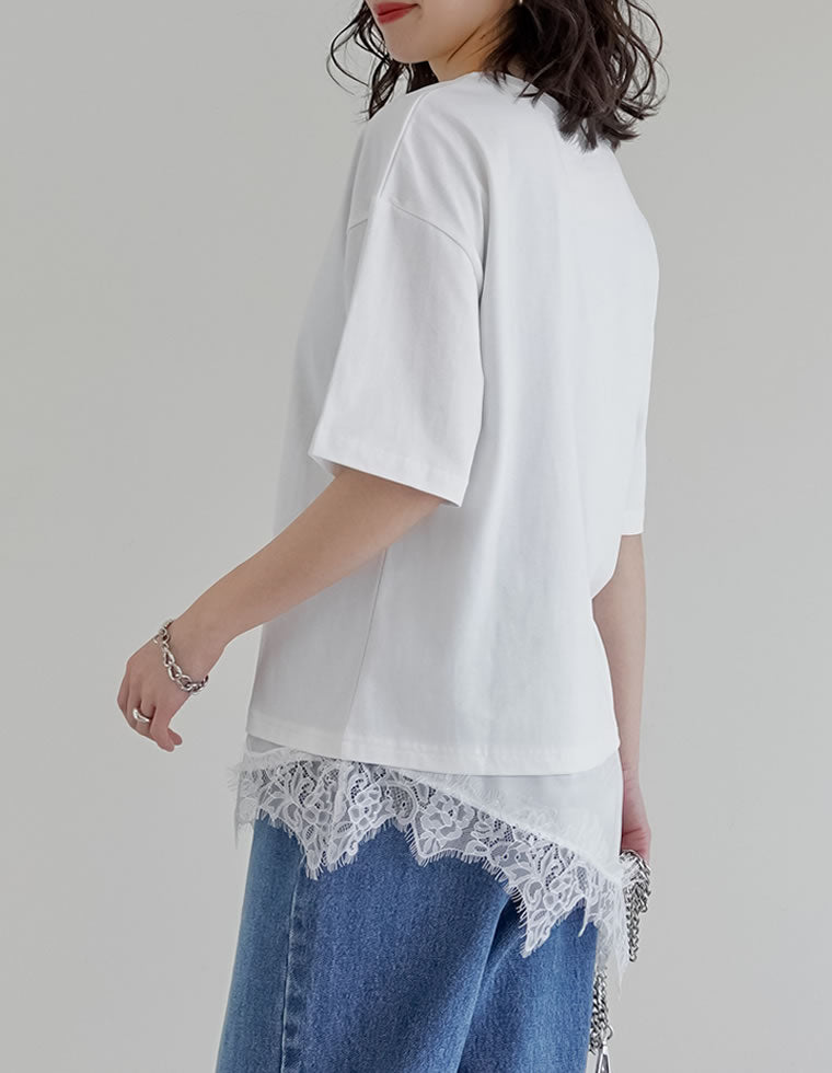 裾サテンレースレイヤード風Tシャツ - トップス通販 | 人気レディース