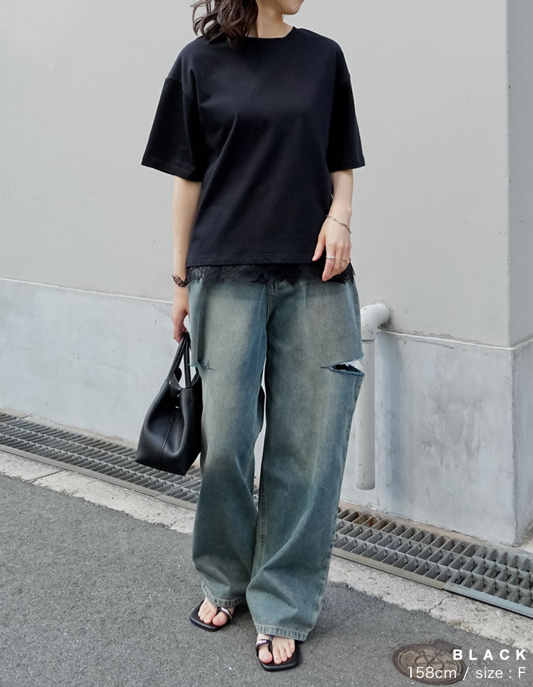 裾レースレイヤード風半袖Tシャツ - トップス通販 | 人気レディース
