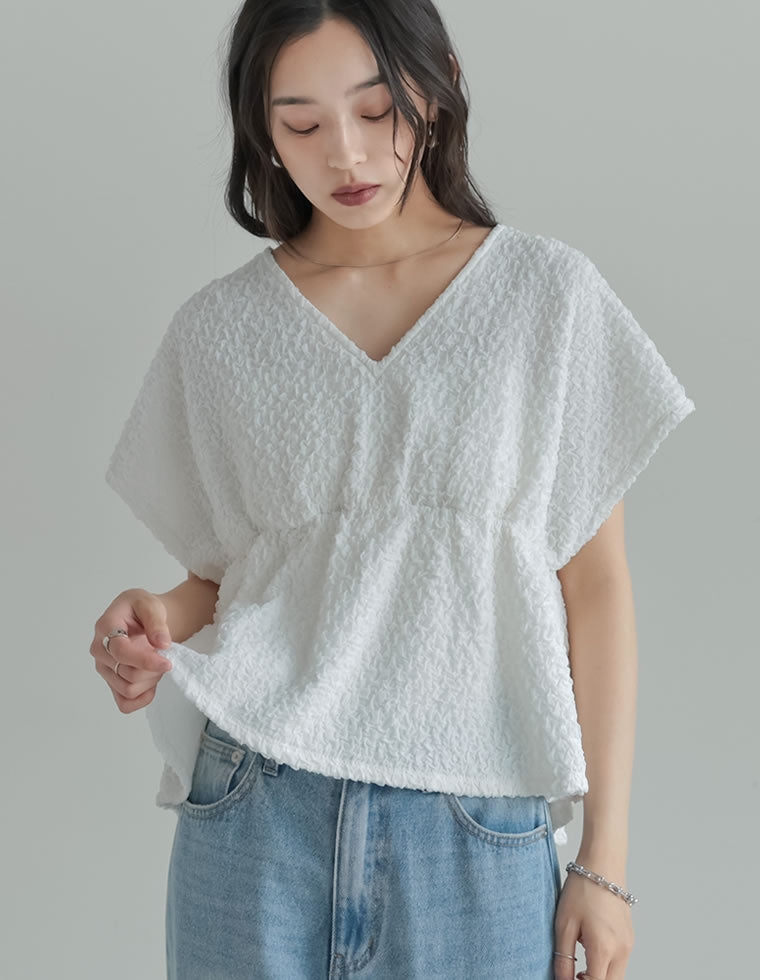 ジャカードペプラムトップス M/L オフホワイト Fit more（フィットモア） ジャガードレース襟ペプラムトップス