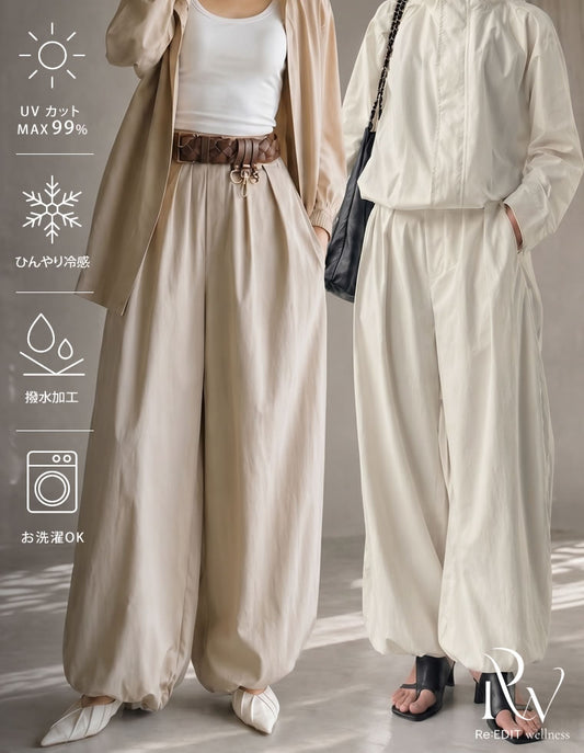 【クーポンご利用で10,000円以上15%OFF！クーポンコード：CA_15off_260610】[UVカット最大99.9％以上][UPF50+][接触冷感][撥水加工][洗濯機で洗える][Shine Cool UV][低身長/高身長サイズ有]2WAY裾ドロストボリュームバルーンワイドパンツ パンツ 人気レディースファッション通販 リエディ