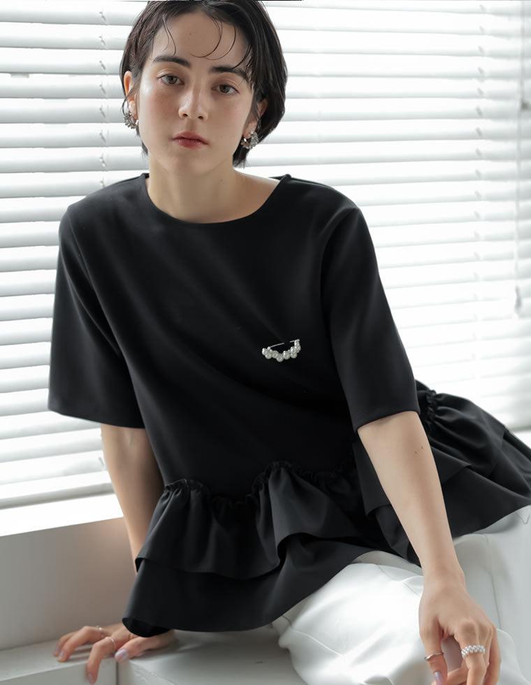 Romanticsiフリル付き黒ボタンアップ長袖トップス ダンボールフリル切り替え半袖トップス - トップス通販 | 人気