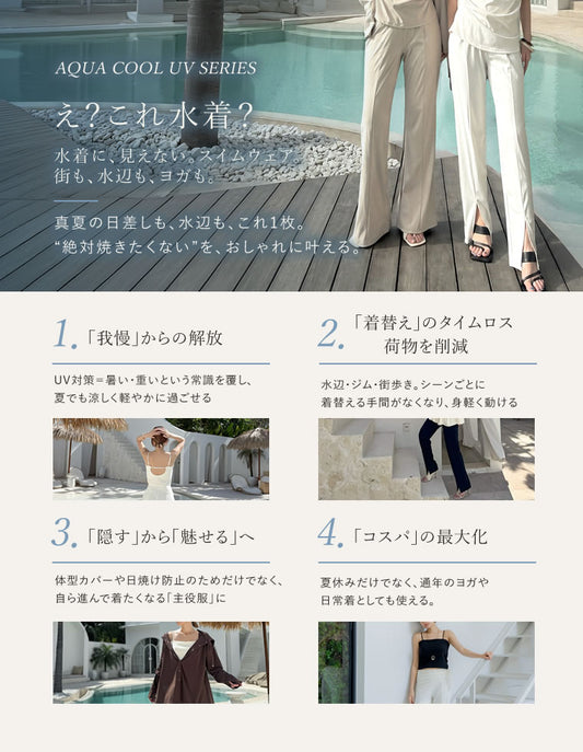 【クーポンご利用でMAX20％OFF】[接触冷感][UVカット最大99.7％][遮熱最大50％][UPF50+][水陸両用][Aqua Cool UV][低身長/高身長/大きいサイズ有]選べる3タイプノーマル・スリット・キックフレアパンツ 水着/着物・浴衣 人気レディースファッション通販 リエディ