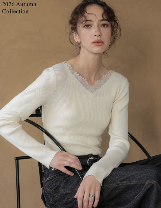 [2026AW COLLECTION]レースドッキングVネックニットトップス