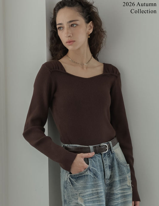 [2026AW COLLECTION]スイートハートネックショルダーギャザーコンパクトリブニットトップス