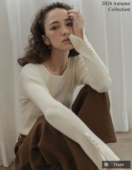 [2026AW COLLECTION][選べるネック]袖ニュアンスゴールドボタンリブニットトップス