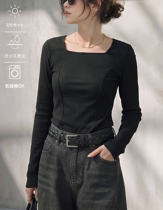 【TIME SALE 10%OFF】[華奢・細見え][UVカット][汗じみ防止][洗濯・乾燥機OK][選べるネック]リブカットソーデザイントップス[mb]