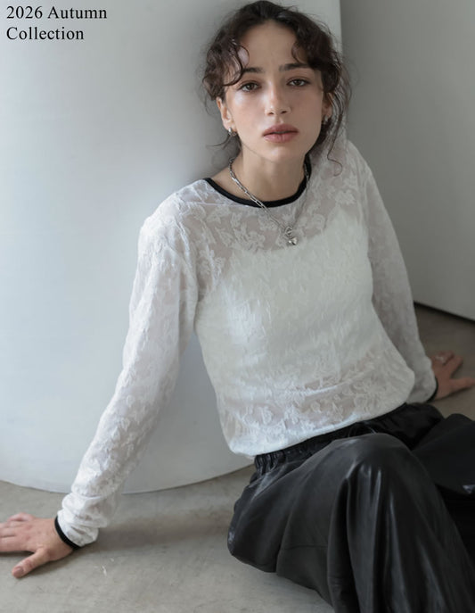[2026AW COLLECTION]ベロアパイピングバックオープンフラワーレースシアートップス[mb]