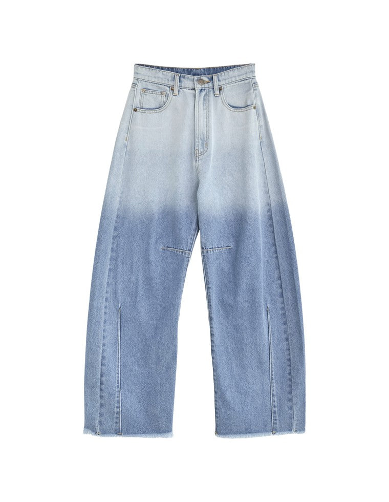裾フリンジバレルレッグデニムパンツ