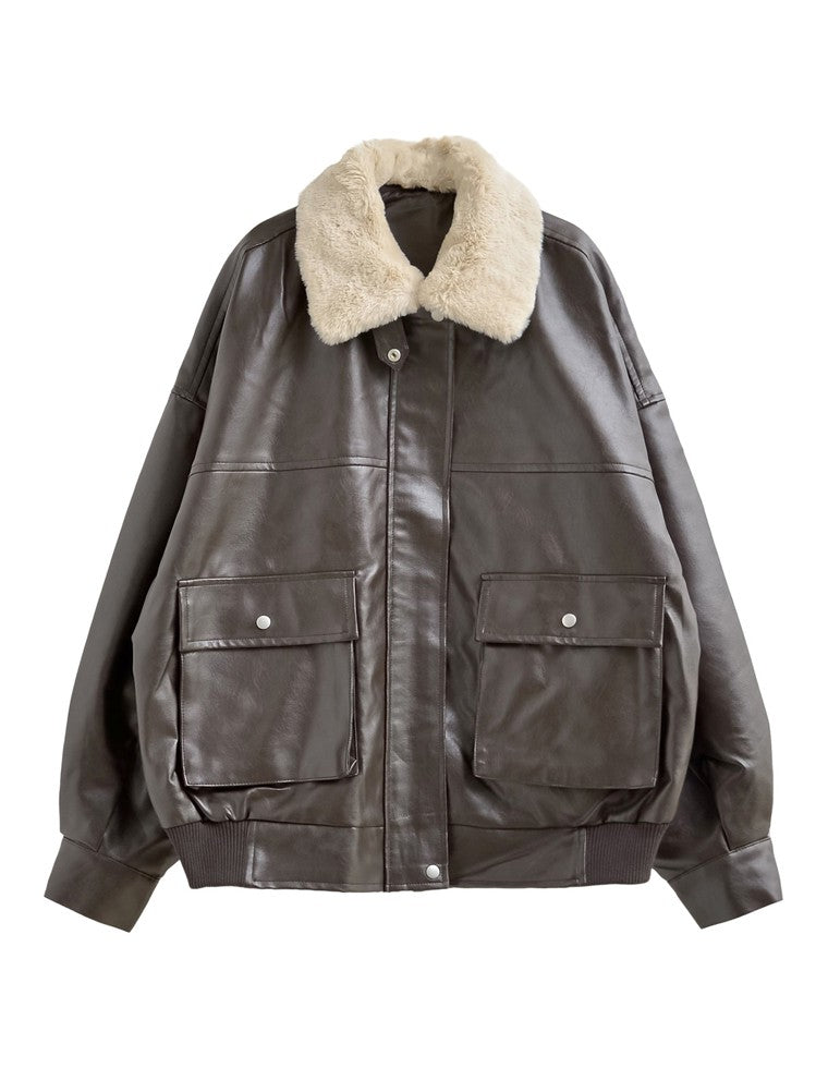 フェイクレザーティペット付きブルゾン