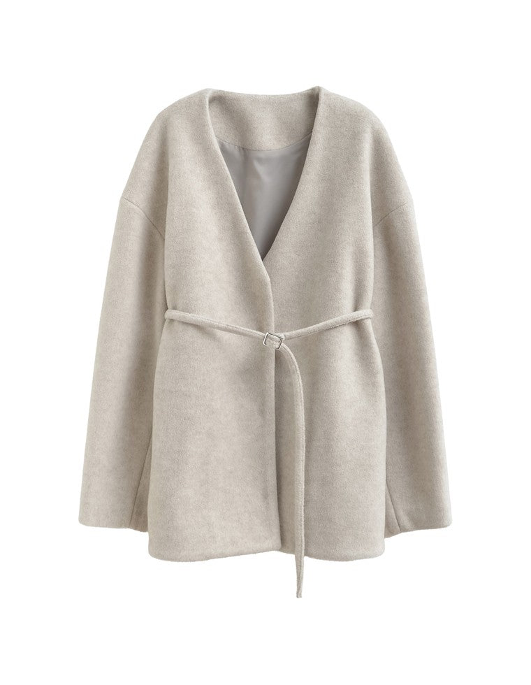 フェイクウールベルト付きノーカラーコート