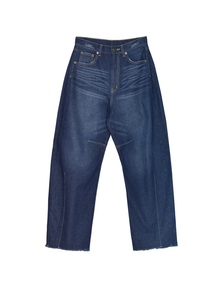 裾フリンジバレルレッグデニムパンツ