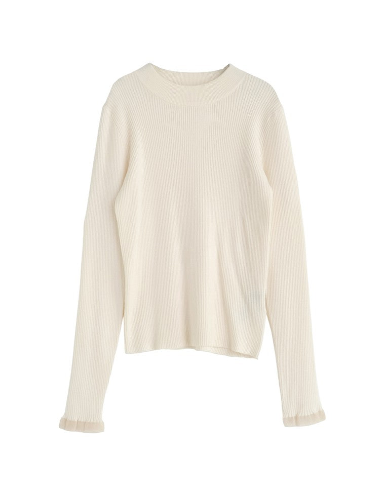 シアー配色フリルリブニットトップス