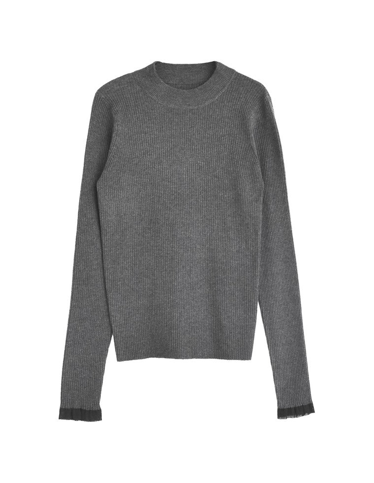 シアー配色フリルリブニットトップス