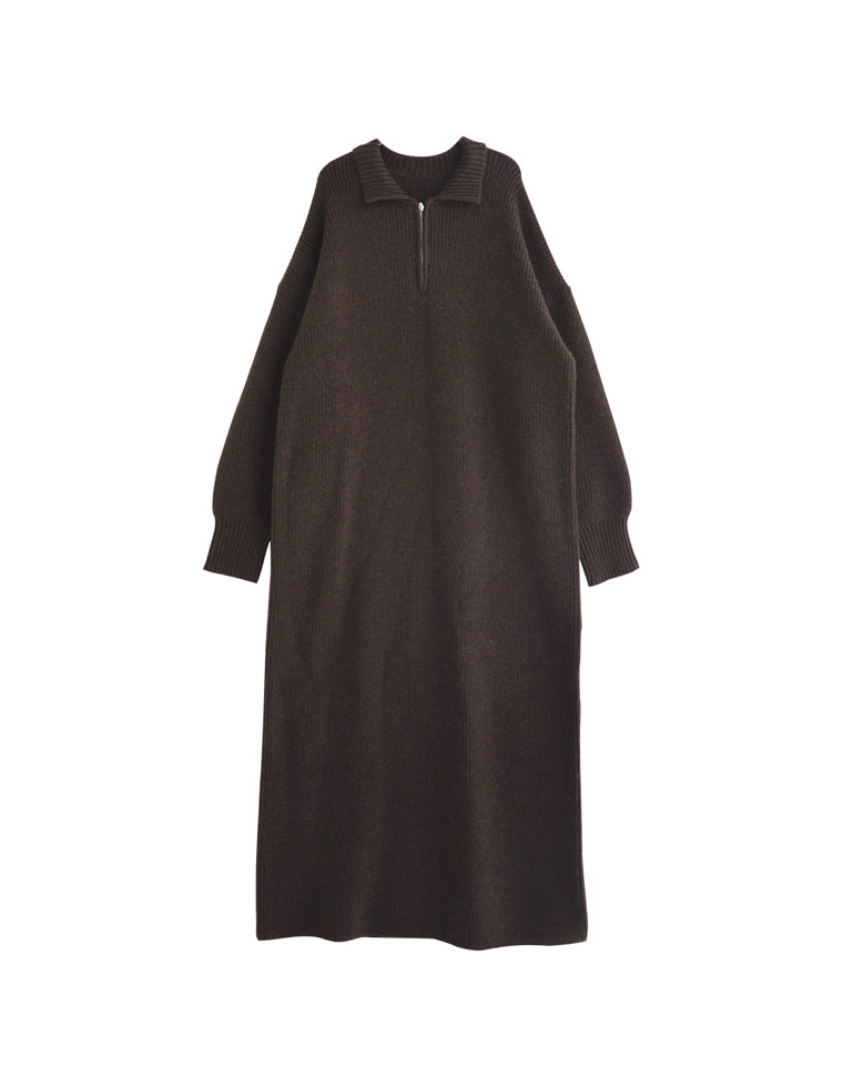 片畔編み襟付きハーフジップニットワンピ