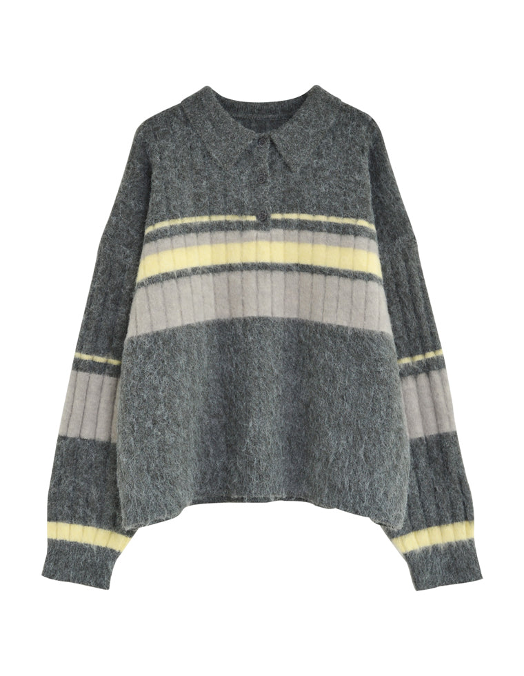 ボーダーアルパカタッチポロカラーニット