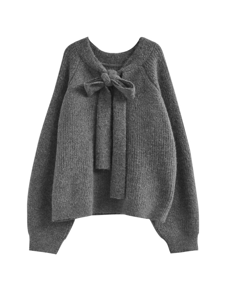 片畔ニットネックリボントップス