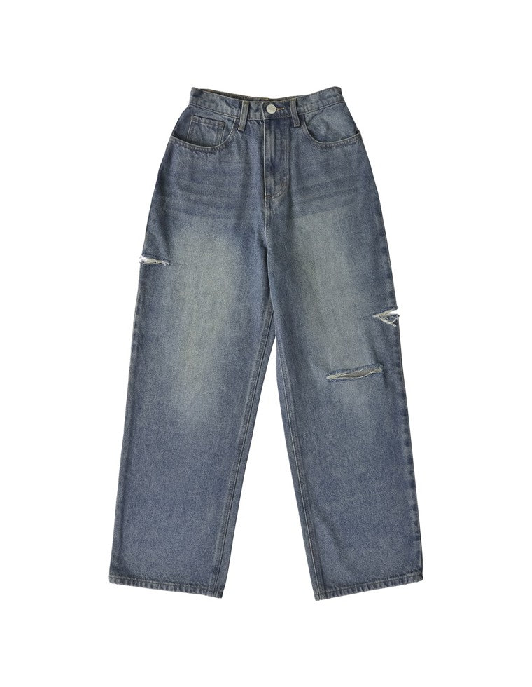 サイドスリットワイドストレートコットンデニムパンツ