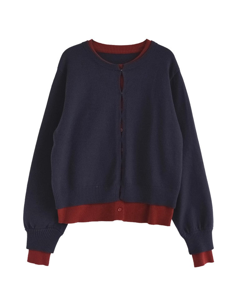 クルーネックレイヤード風カーディガン