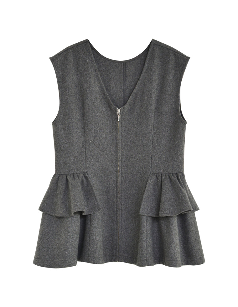 ウールライクフロントジップペプラムベスト