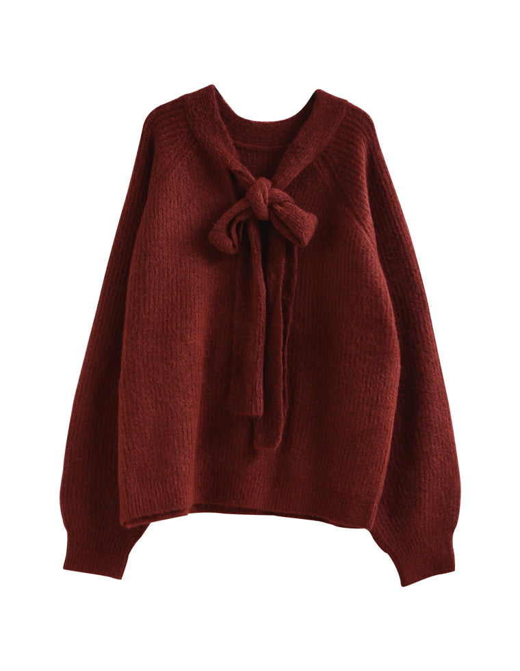 片畔ニットネックリボントップス