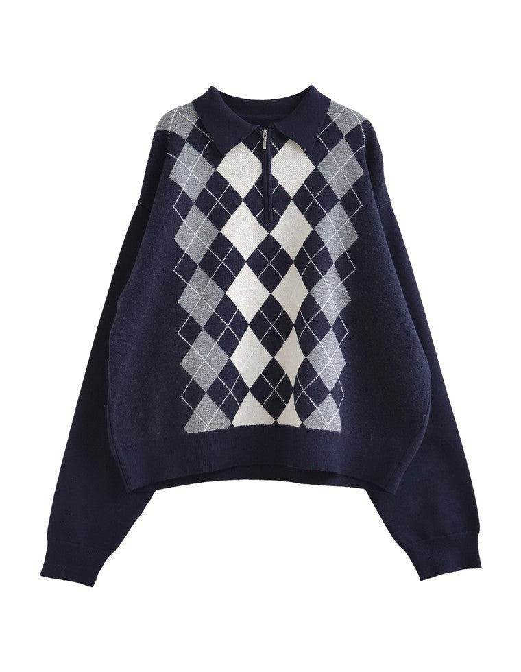 アーガイル柄ハーフジップニットトップス