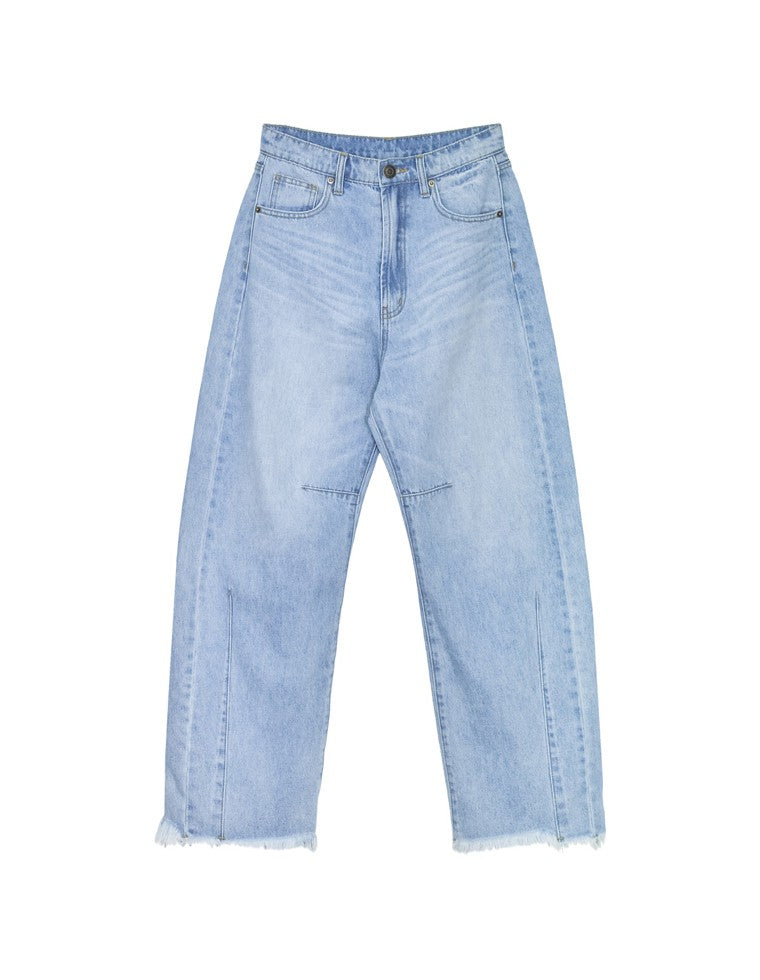 裾フリンジバレルレッグデニムパンツ