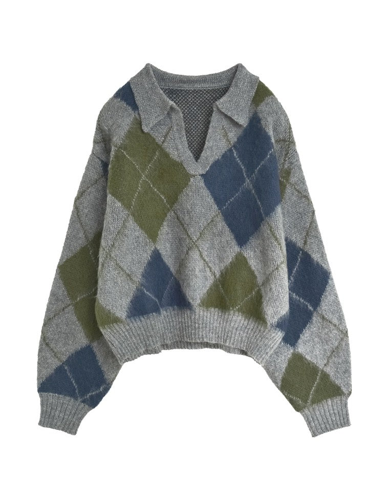 キーネックアーガイルニットトップス