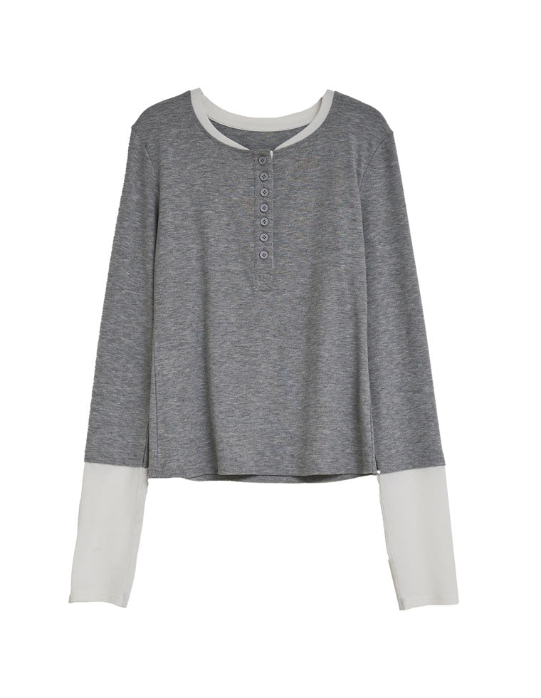 配色レイヤード風ヘンリーネックトップス