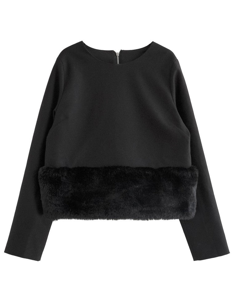 微起毛ツイル裾ファー切り替え長袖トップス