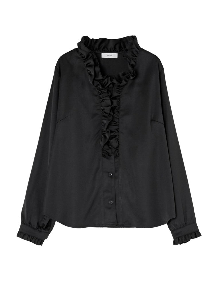 サテンフリルボタンブラウス