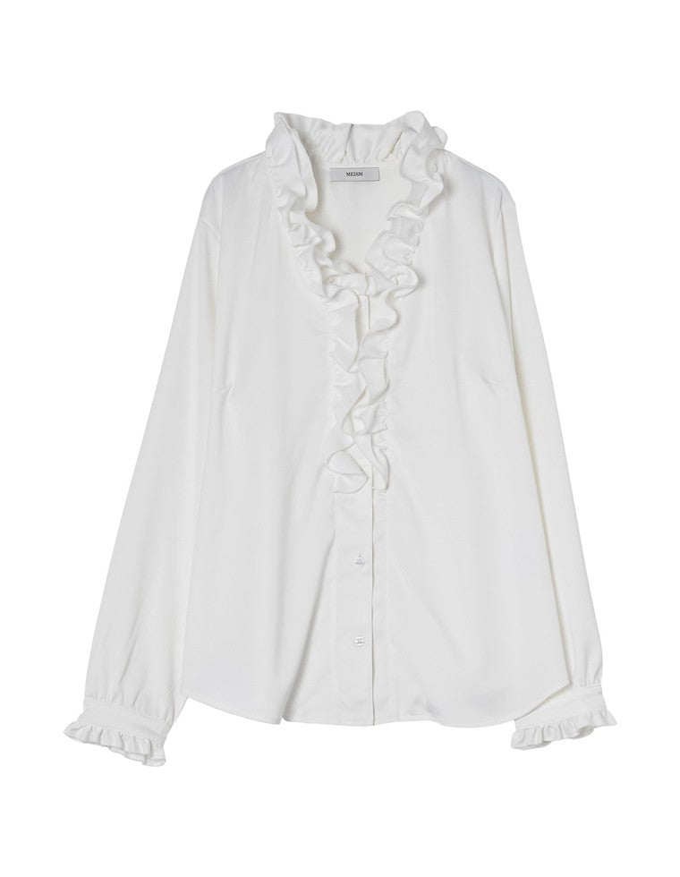 サテンフリルボタンブラウス