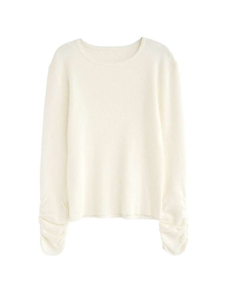 袖シャーリングリブニットトップス