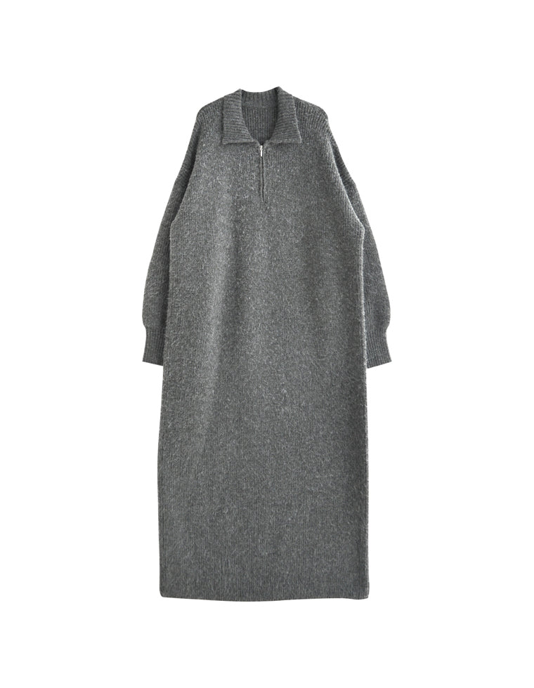 片畔編み襟付きハーフジップニットワンピ