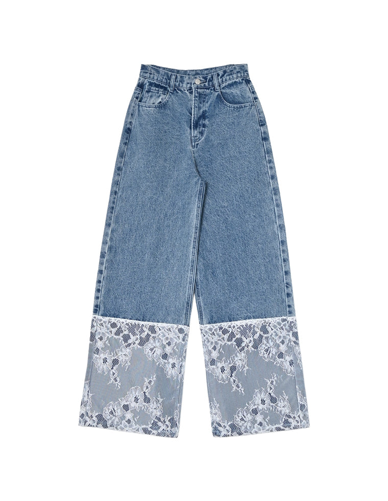 裾レースデザインストレートデニム