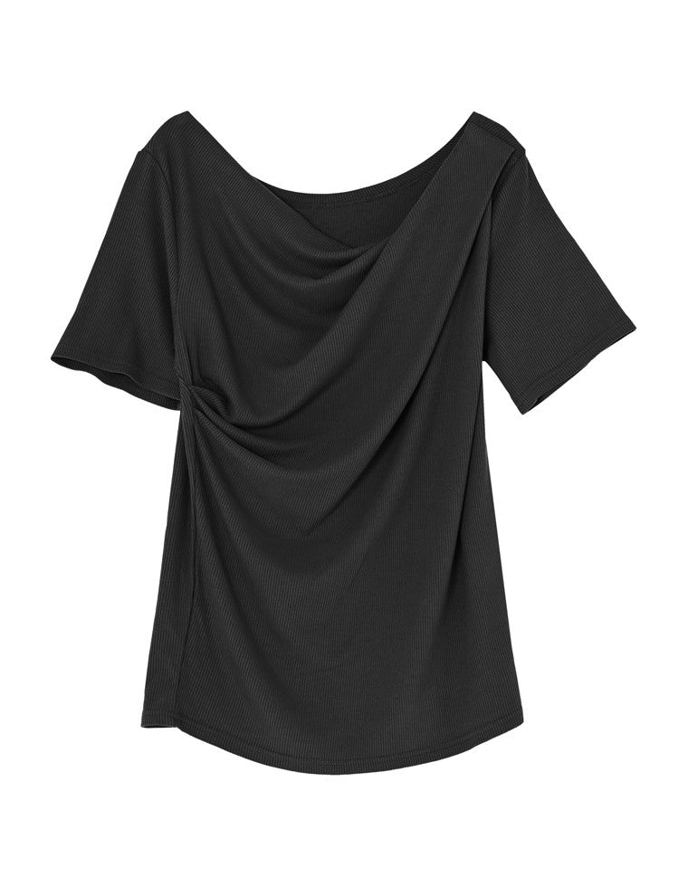 リブカットソードレープ半袖トップス