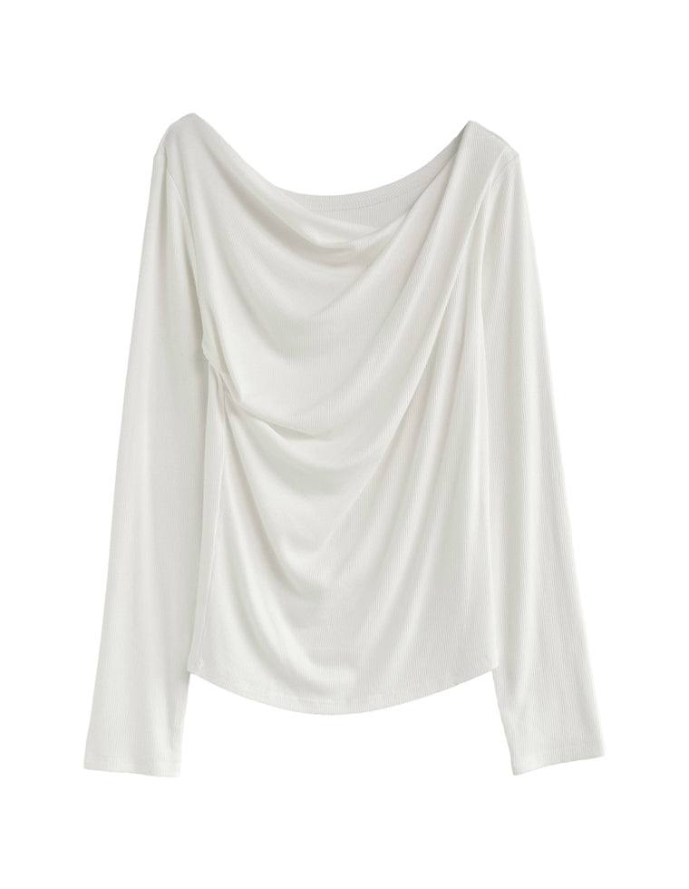 リブカットソードレープオフショルトップス