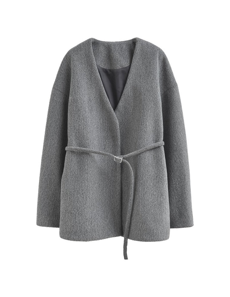 フェイクウールベルト付きノーカラーコート