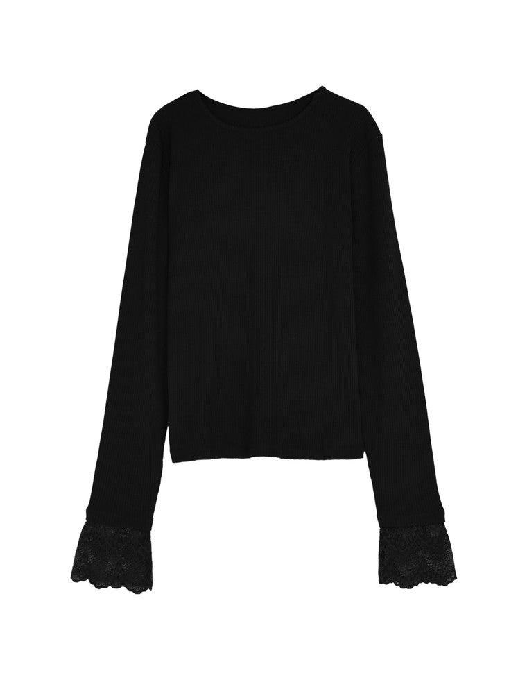 リブカットソーレーススリーブトップス