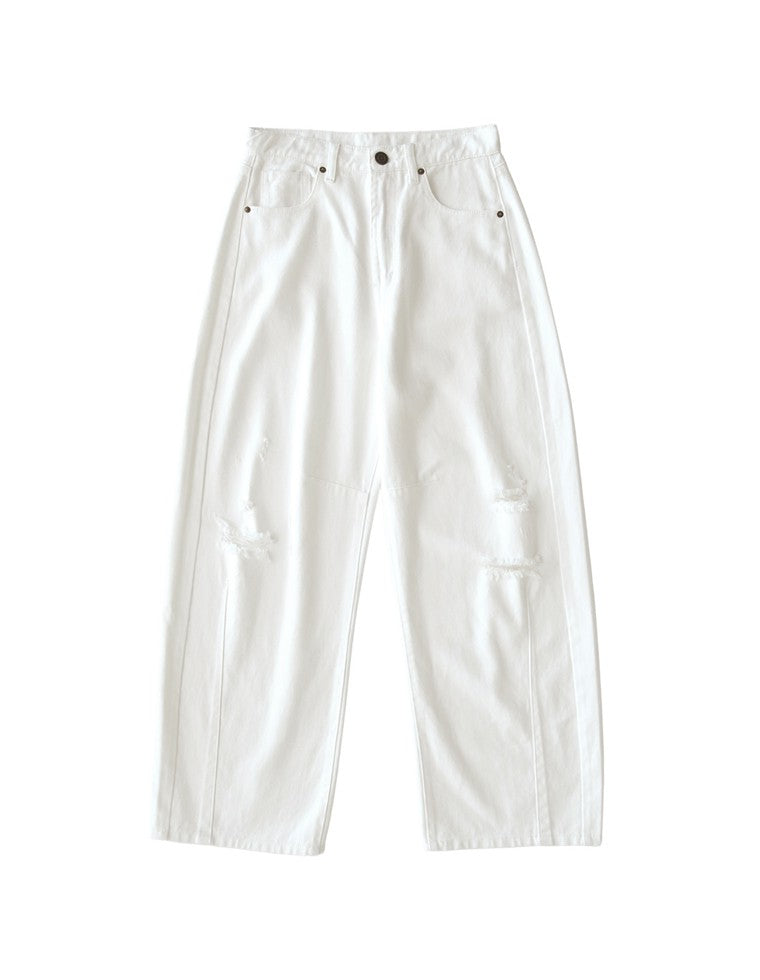 裾フリンジバレルレッグデニムパンツ