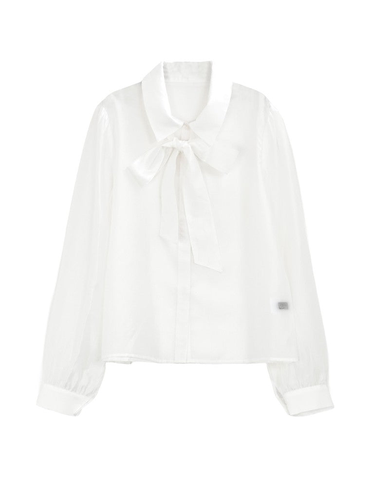 ドットor無地リボンタイ付きシアーシャツ