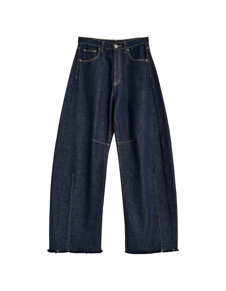 裾フリンジバレルレッグデニムパンツ