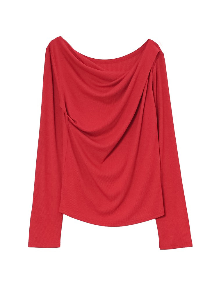 リブカットソードレープオフショルトップス