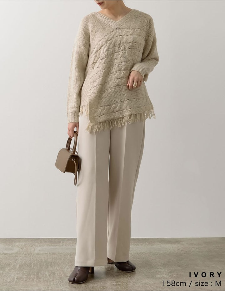 裾フリンジアシンメトリーケーブルニット トップス レディースファッション通販 リエディ