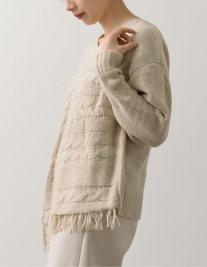 裾フリンジアシンメトリーケーブルニット トップス レディースファッション通販 リエディ