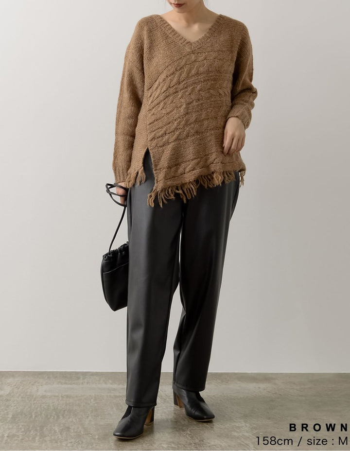 裾フリンジアシンメトリーケーブルニット トップス レディースファッション通販 リエディ