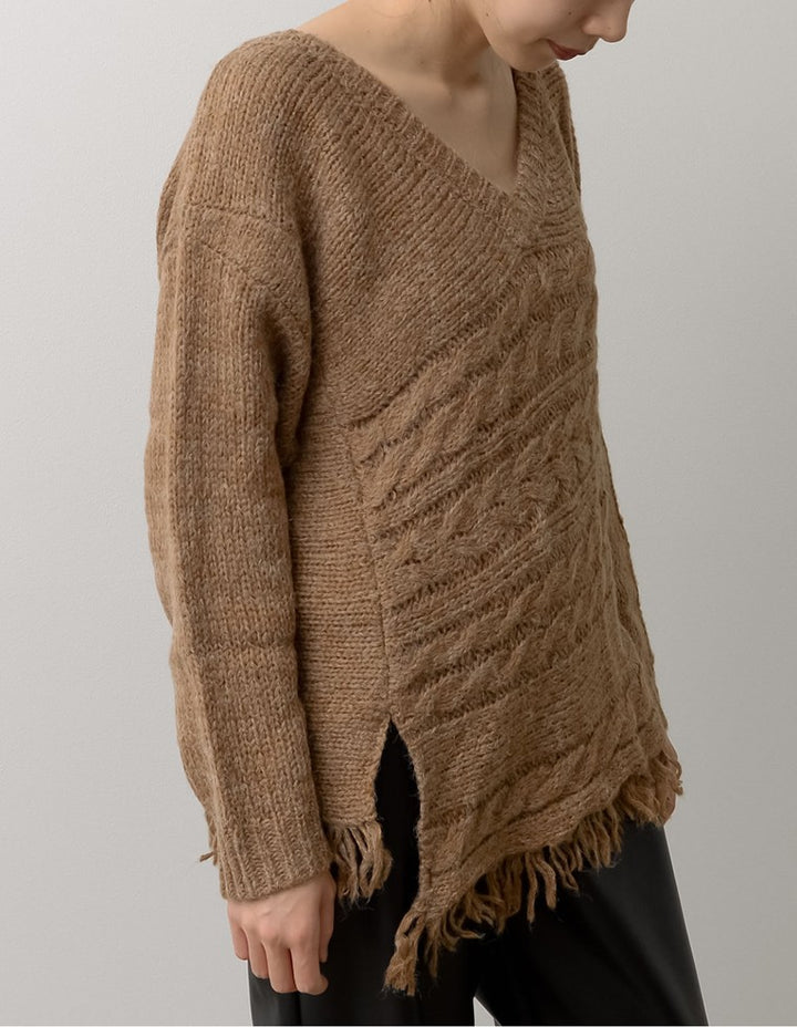 裾フリンジアシンメトリーケーブルニット トップス レディースファッション通販 リエディ