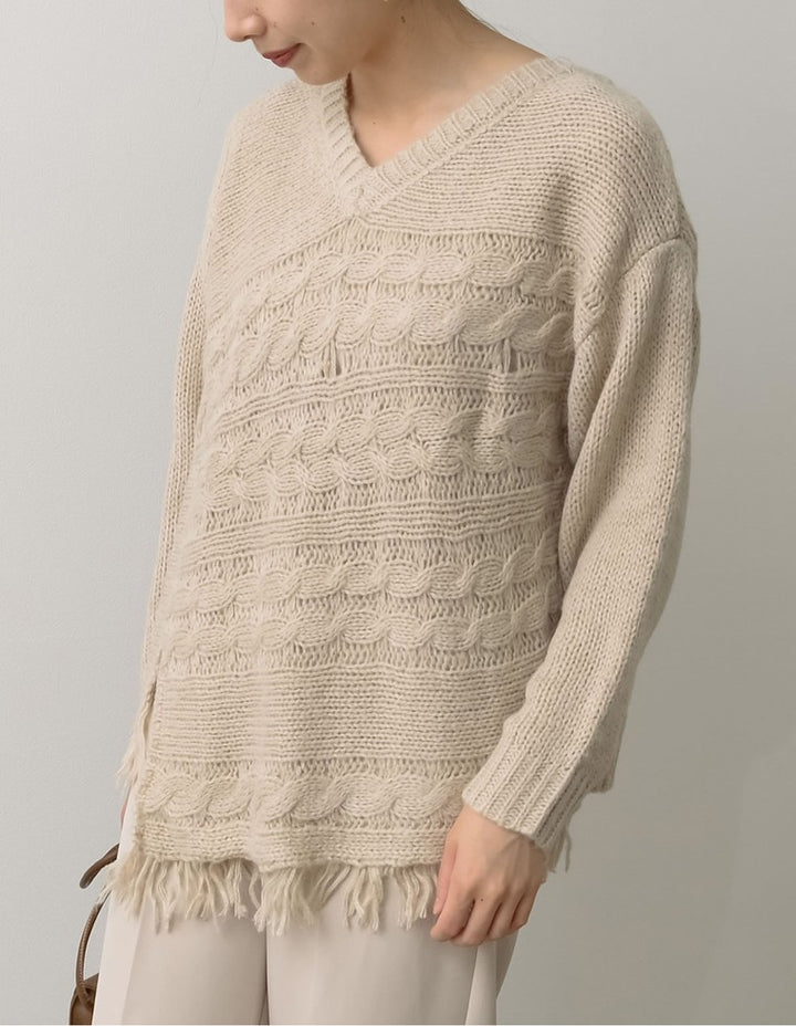 裾フリンジアシンメトリーケーブルニット トップス レディースファッション通販 リエディ