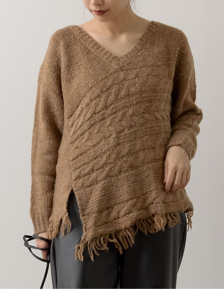 裾フリンジアシンメトリーケーブルニット トップス レディースファッション通販 リエディ