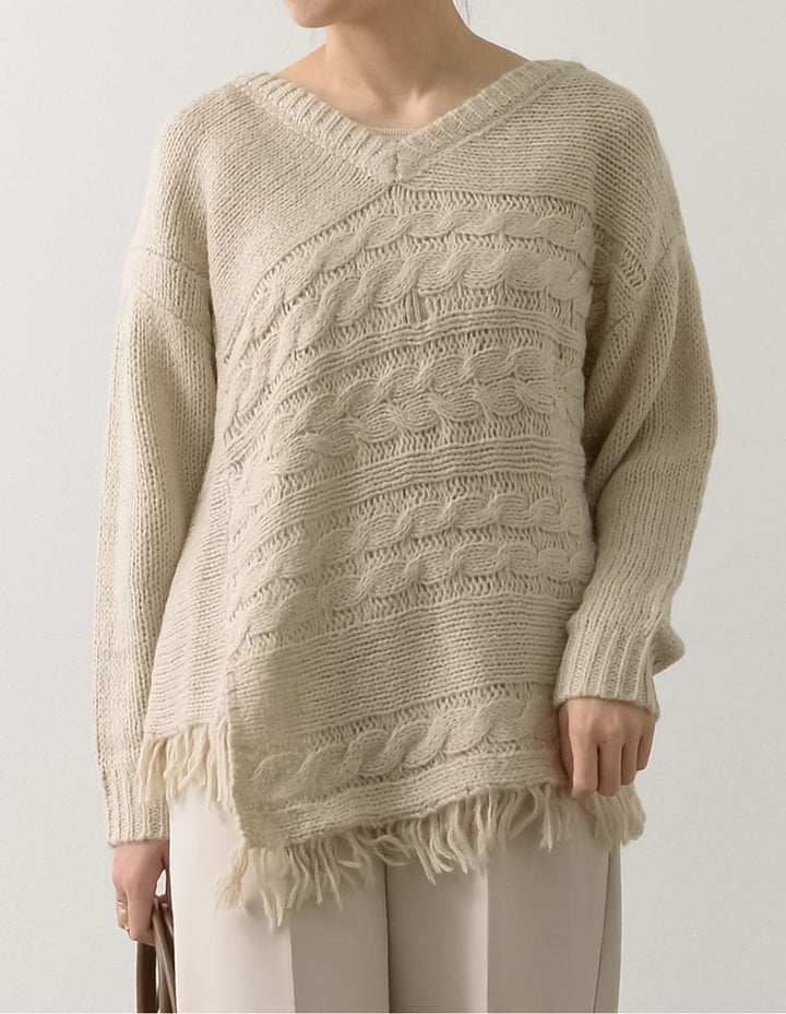 裾フリンジアシンメトリーケーブルニット トップス レディースファッション通販 リエディ